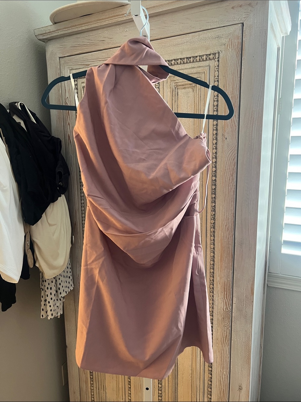 Commense Backless Draped Halter Dress in Dusty Rose